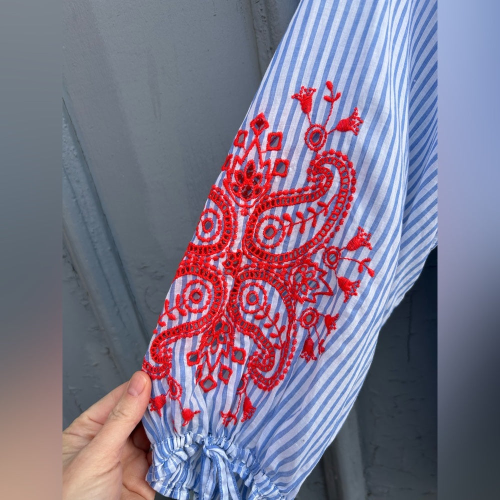 J Crew Blue Striped Red Embroidered sleeve tunic, size XL