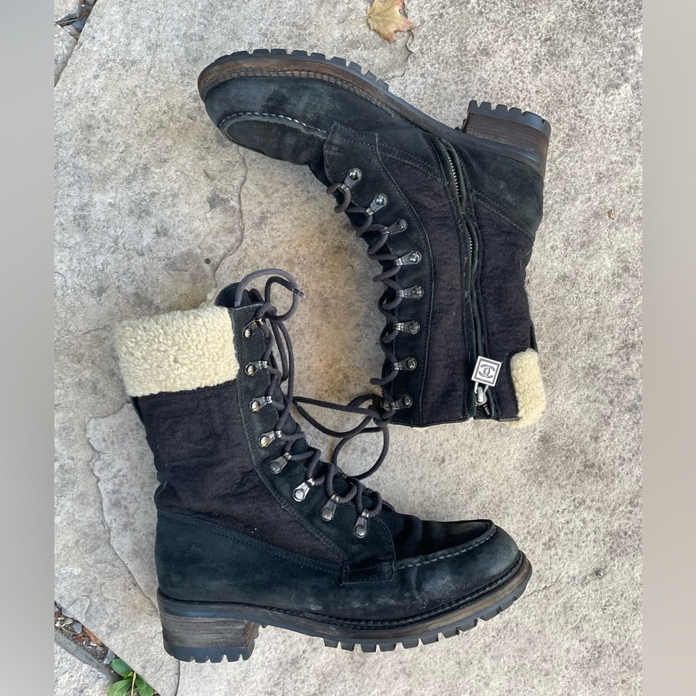 Chanel Black Wool, Suede & Shearling Lace up Combat Boots, Size 39