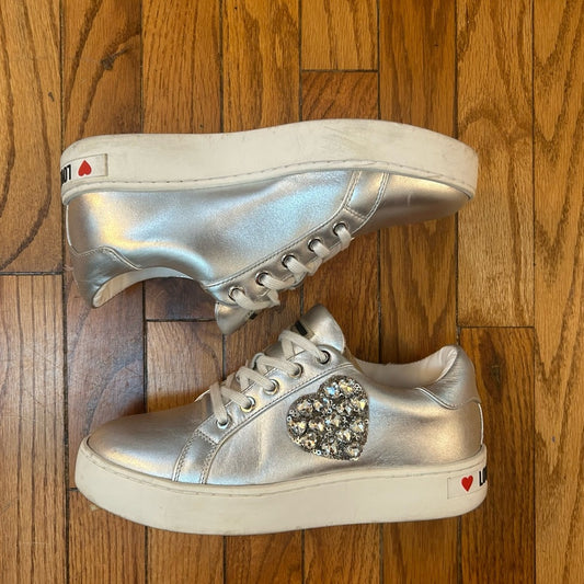 LOVE MOSCHINO Heart Encrusted Silver Leather Sneakers, size 38 (US 7.5)