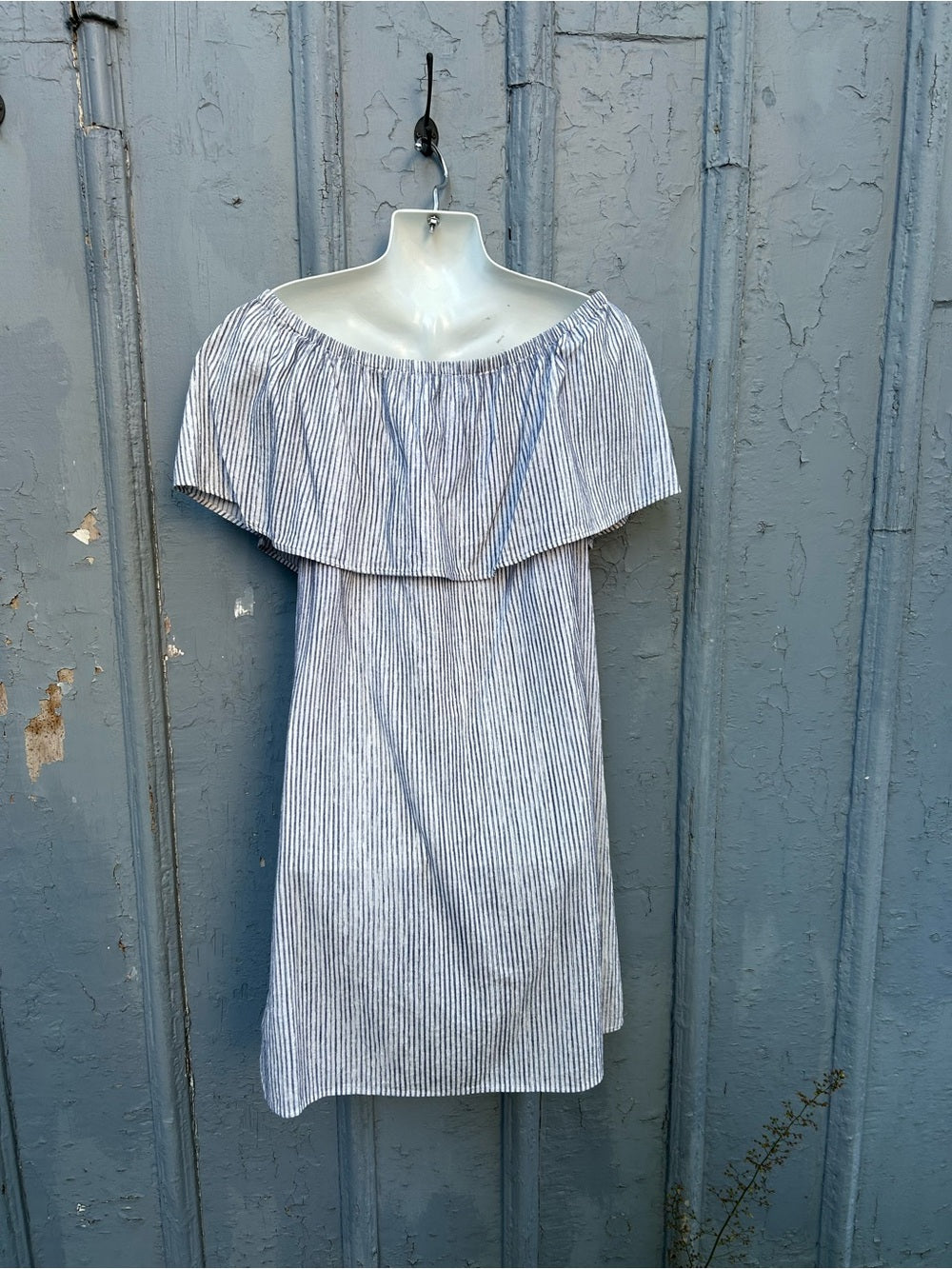 J Crew Blue Striped off the shoulder cotton dress, size L