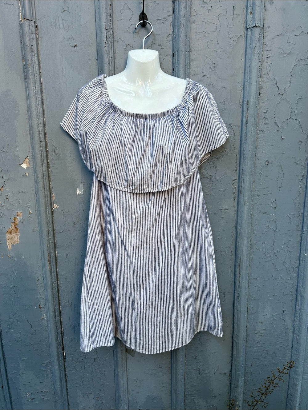 J Crew Blue Striped off the shoulder cotton dress, size L