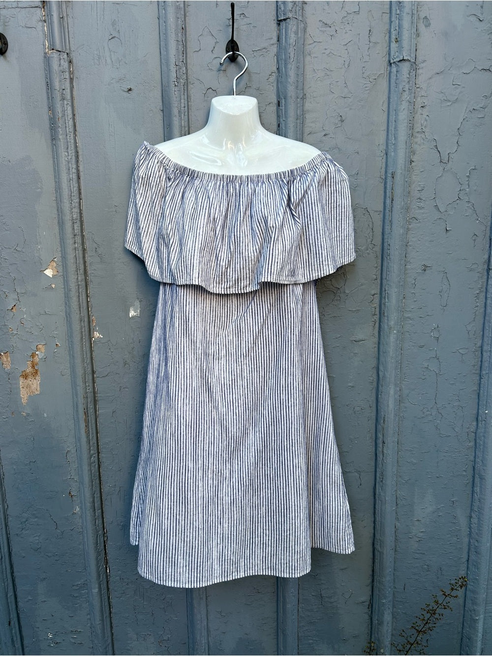 J Crew Blue Striped off the shoulder cotton dress, size L