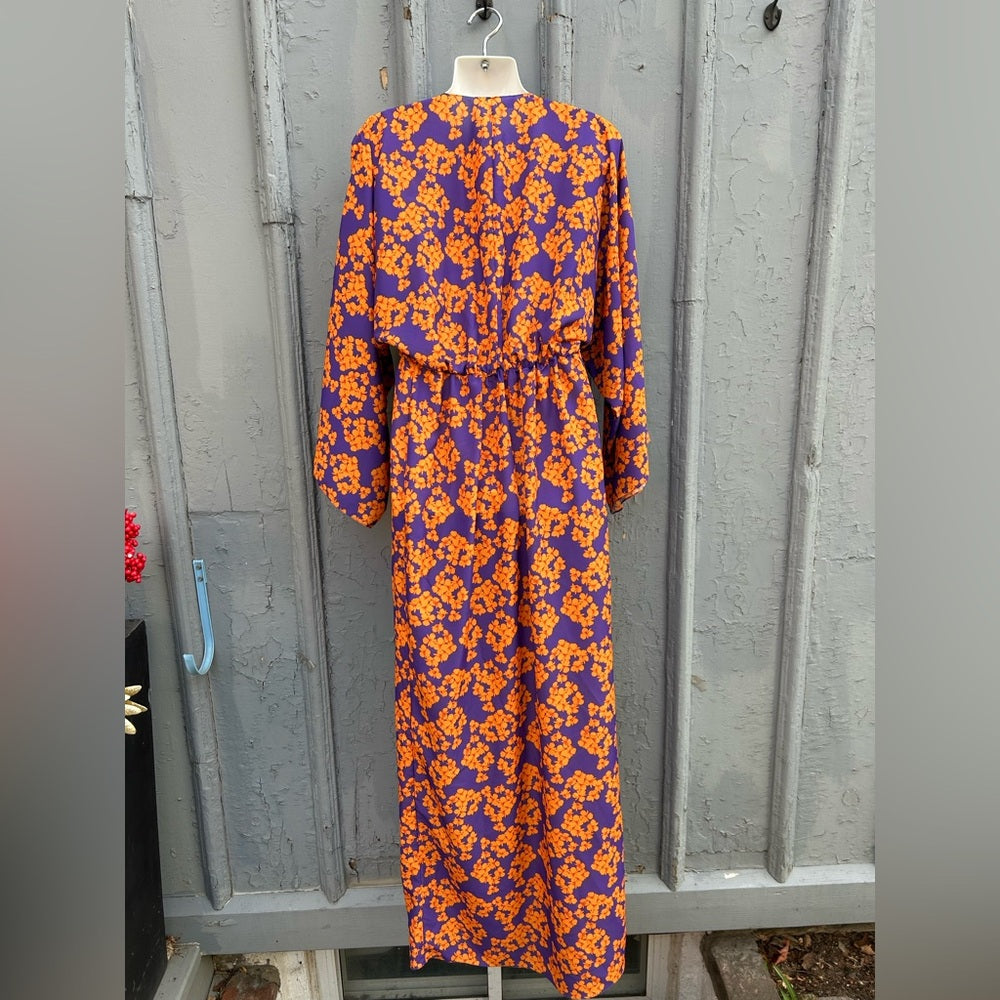 Borgo De Nora Elsa Tie Front Orange and Purple Floral Maxi Dress, size UK 10 (6)