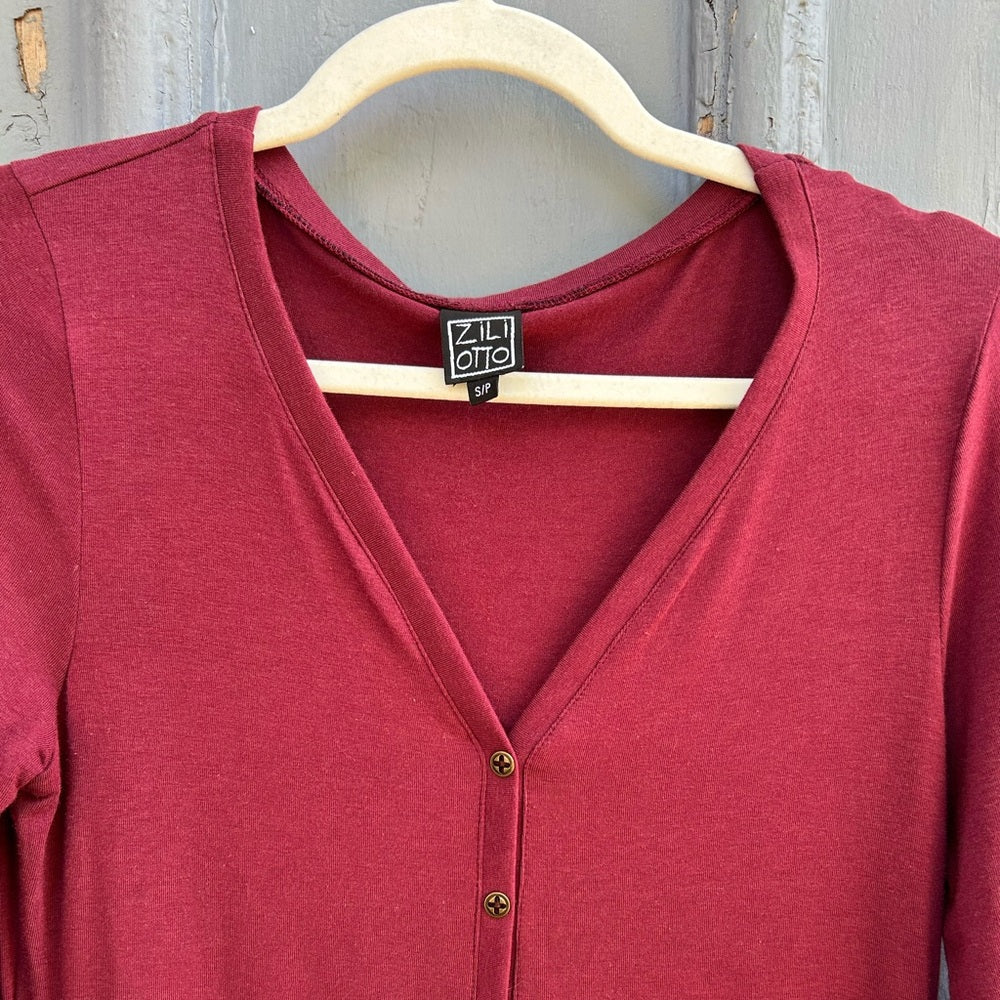 Ziliotto Maroon Long Sleeve v Neck Tee Dress, size S