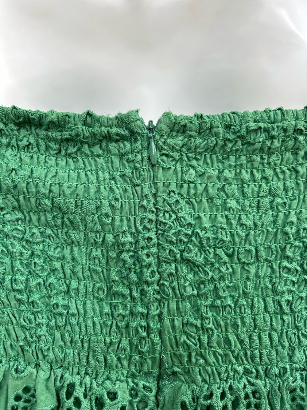 Farm Rio Green Coconut Tree Richilieu Cutwork Strapless Midi Dress, Medium