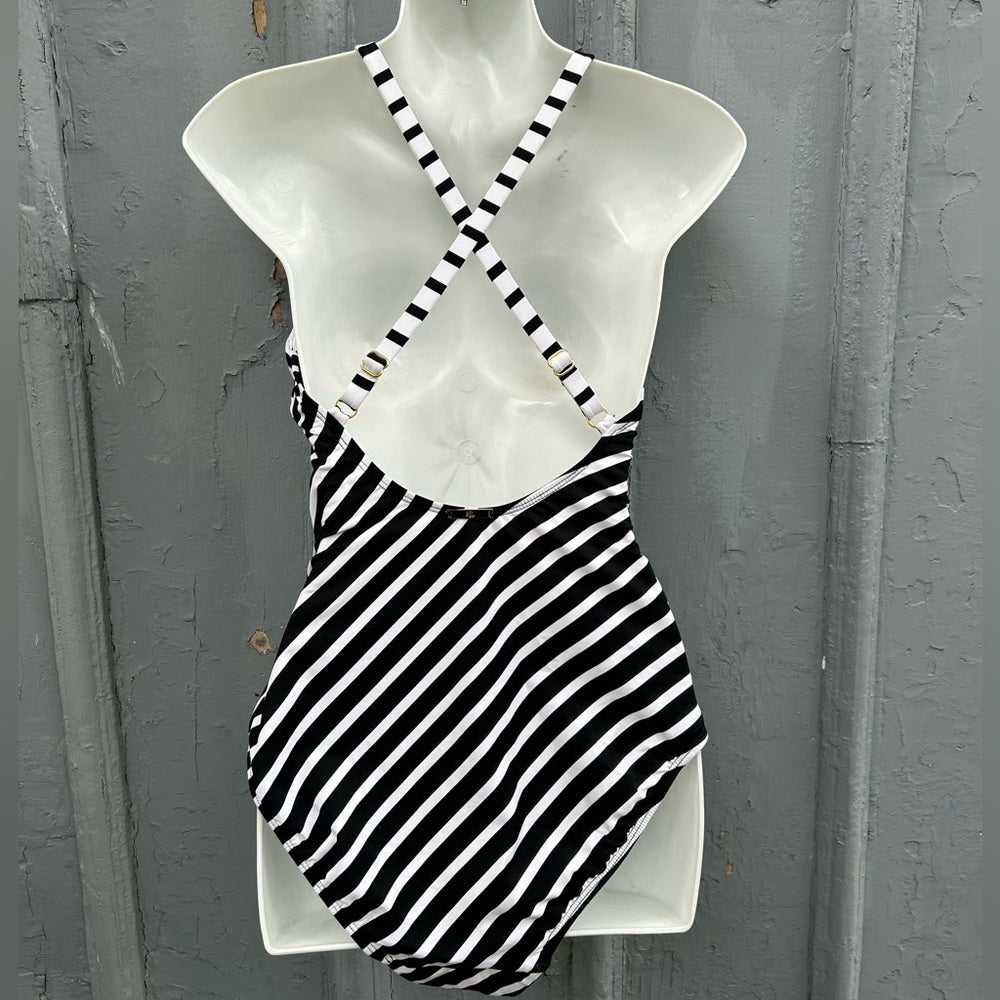 Lauren Ralph Lauren High Neck Stripe Swimsuit, size Approx Small