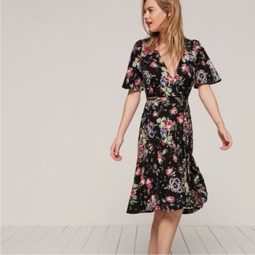 Reformation Laurel Bloom floral midi wrap dress, size XS