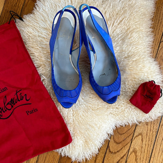 Christian Louboutin Blue Satin Sling back Stilettos, size 38.5