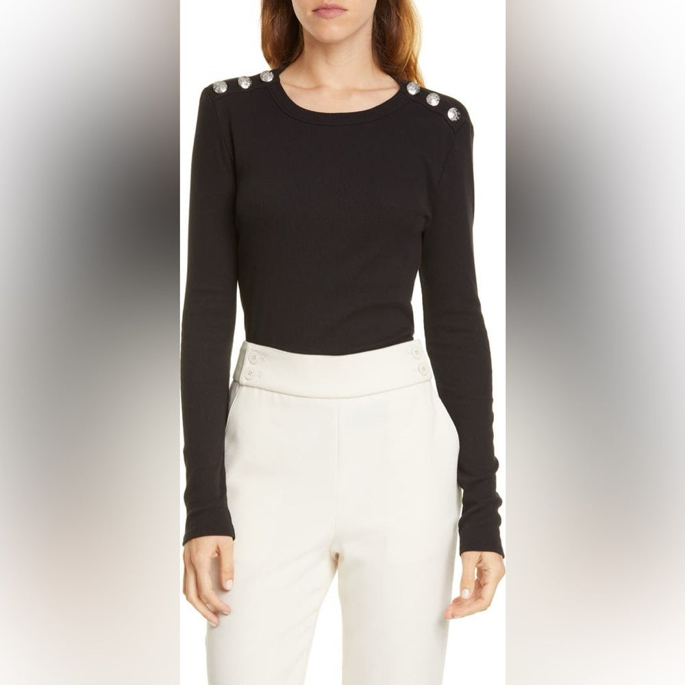 Veronica Beard Jeans Black Mayer Button Shoulder Top, size L