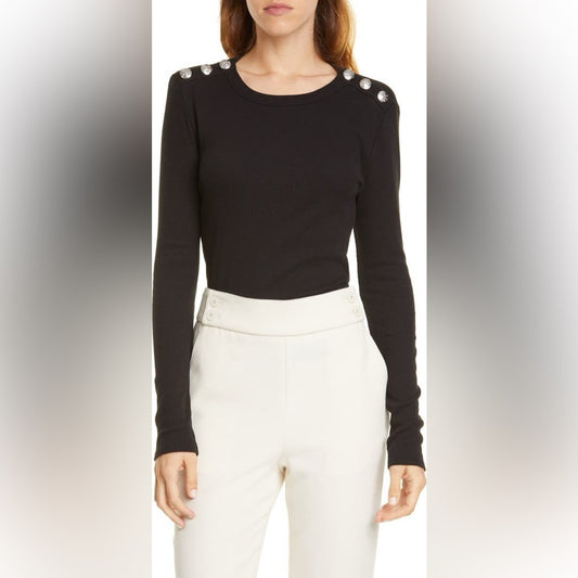 Veronica Beard Jeans Black Mayer Button Shoulder Top, size L