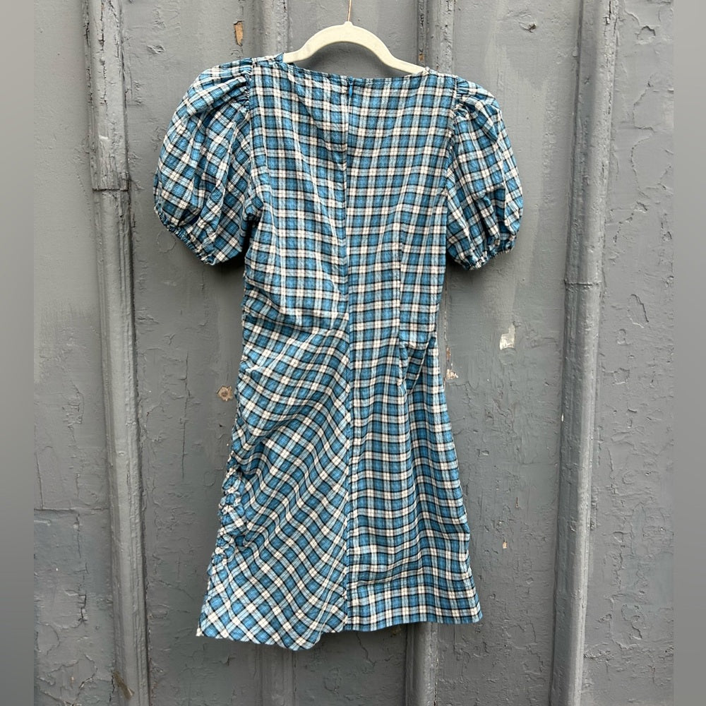 GANNI Gathered checked seersucker mini dress, size 34 (XS)