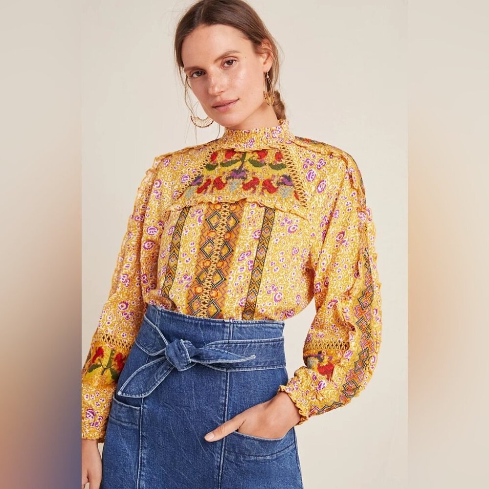 Anthropologie Maeve Goldie Embroidered Blouse, size 6