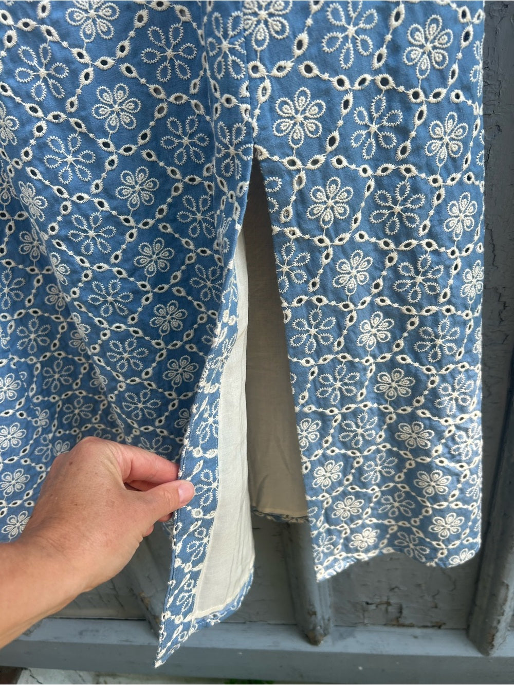 Sezane Dorotha Dress, Chambray Blue with Broderie Anglaise, size 46 (US 14)