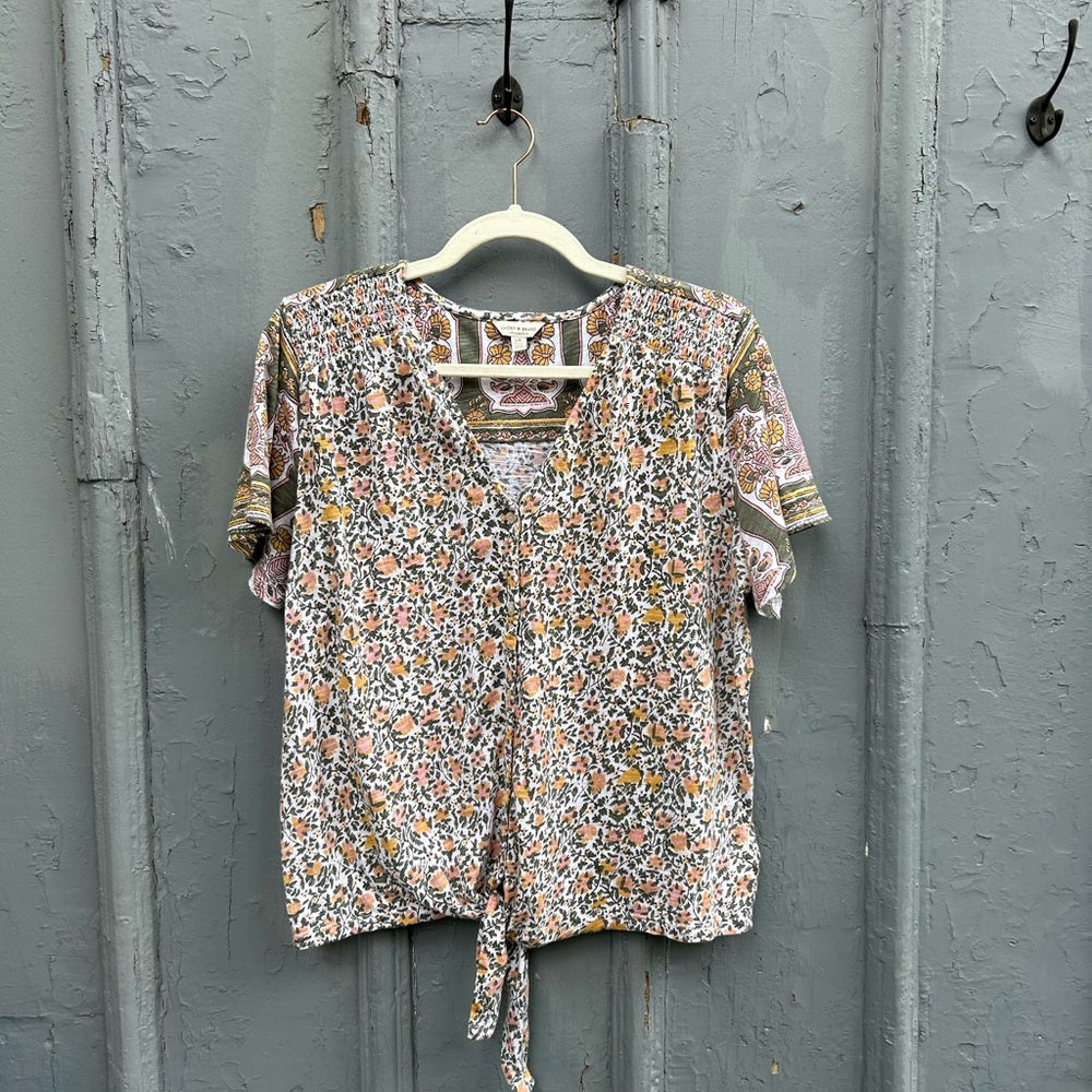 Lucky Brand Tie Front Floral Tee, size L