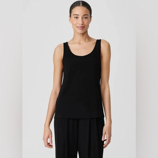 Eileen Fisher Black Stretch Silk Jersey Scoop Neck Tank, size XS