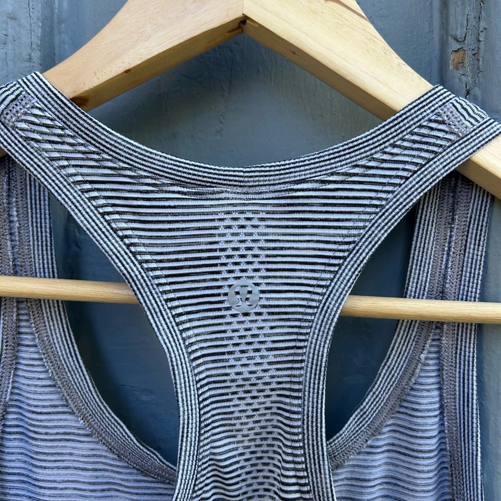Lululemon swiftly black and white striped tank, size 2