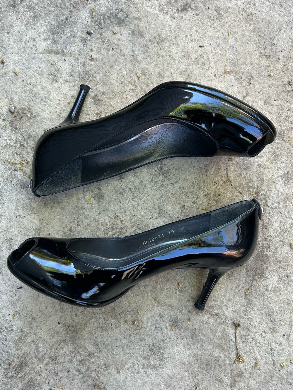 Stuart Weitzman Black Patent LogoPolly peep toe heels, size 10
