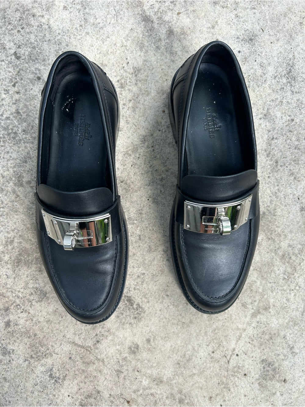Hermes Black Hot Loafer with Palladium Kelly Buckle, size 6