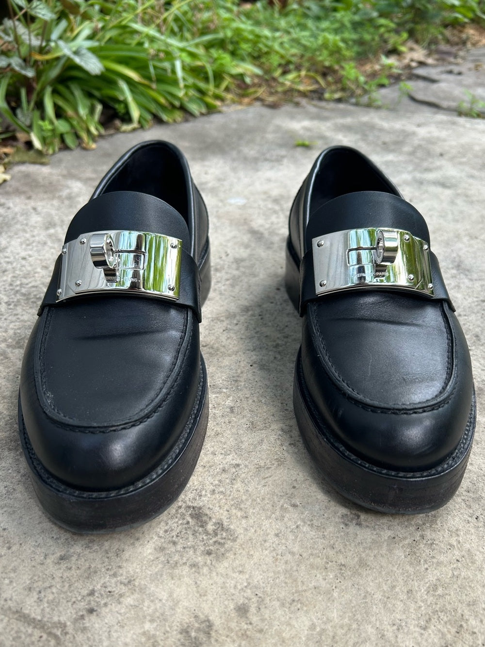 Hermes Black Hot Loafer with Palladium Kelly Buckle, size 6