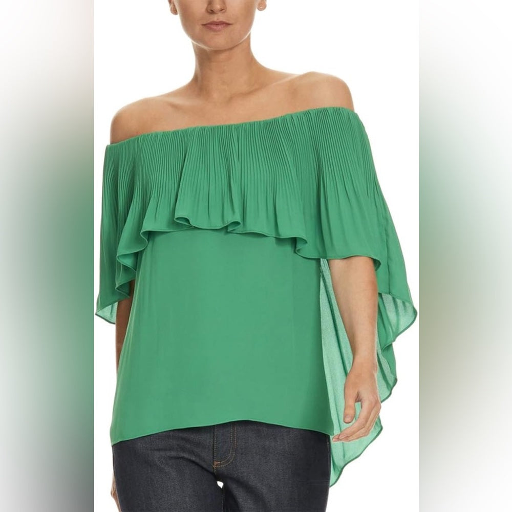 Halston green shawl draped blouse, size XL