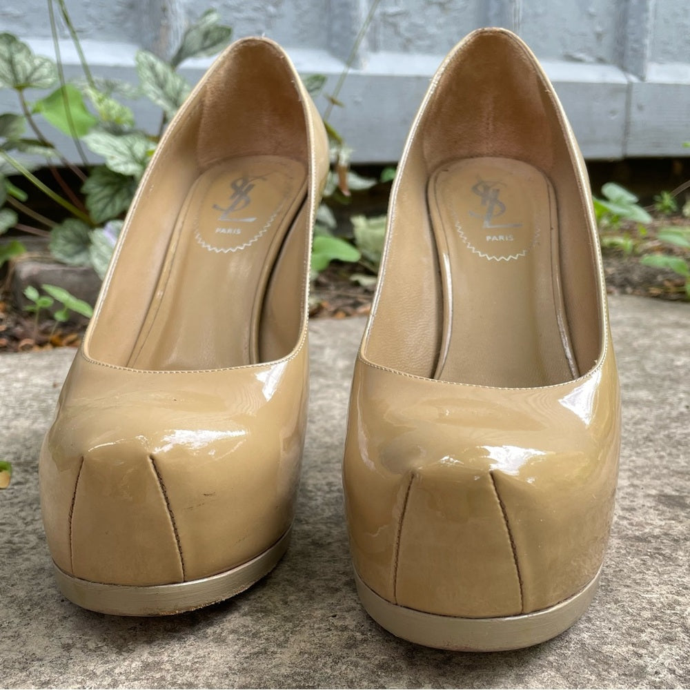 YSL Saint Laurent Tribtoo Taupe Leather Pumps, size 37.5