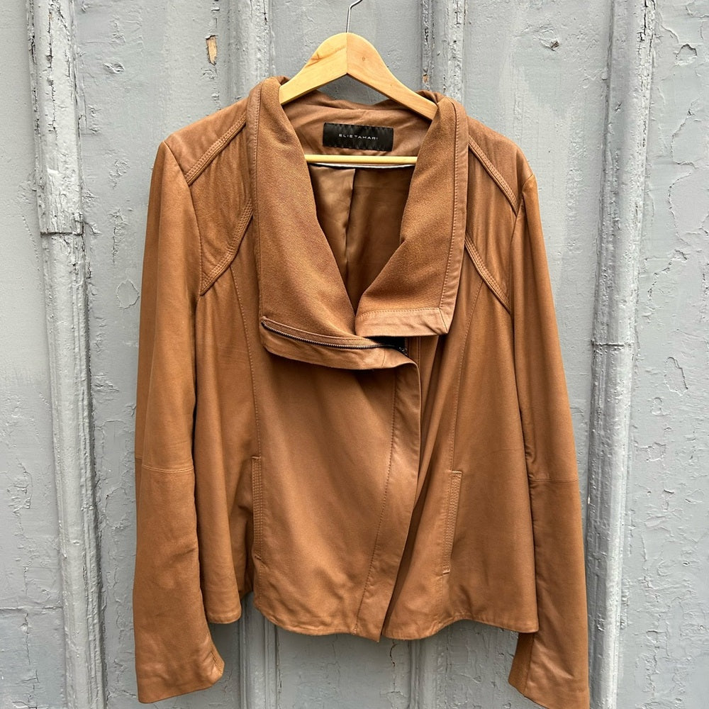 Elie Tahari Brown Andreas Lamb Leather Moto Jacket, size XL
