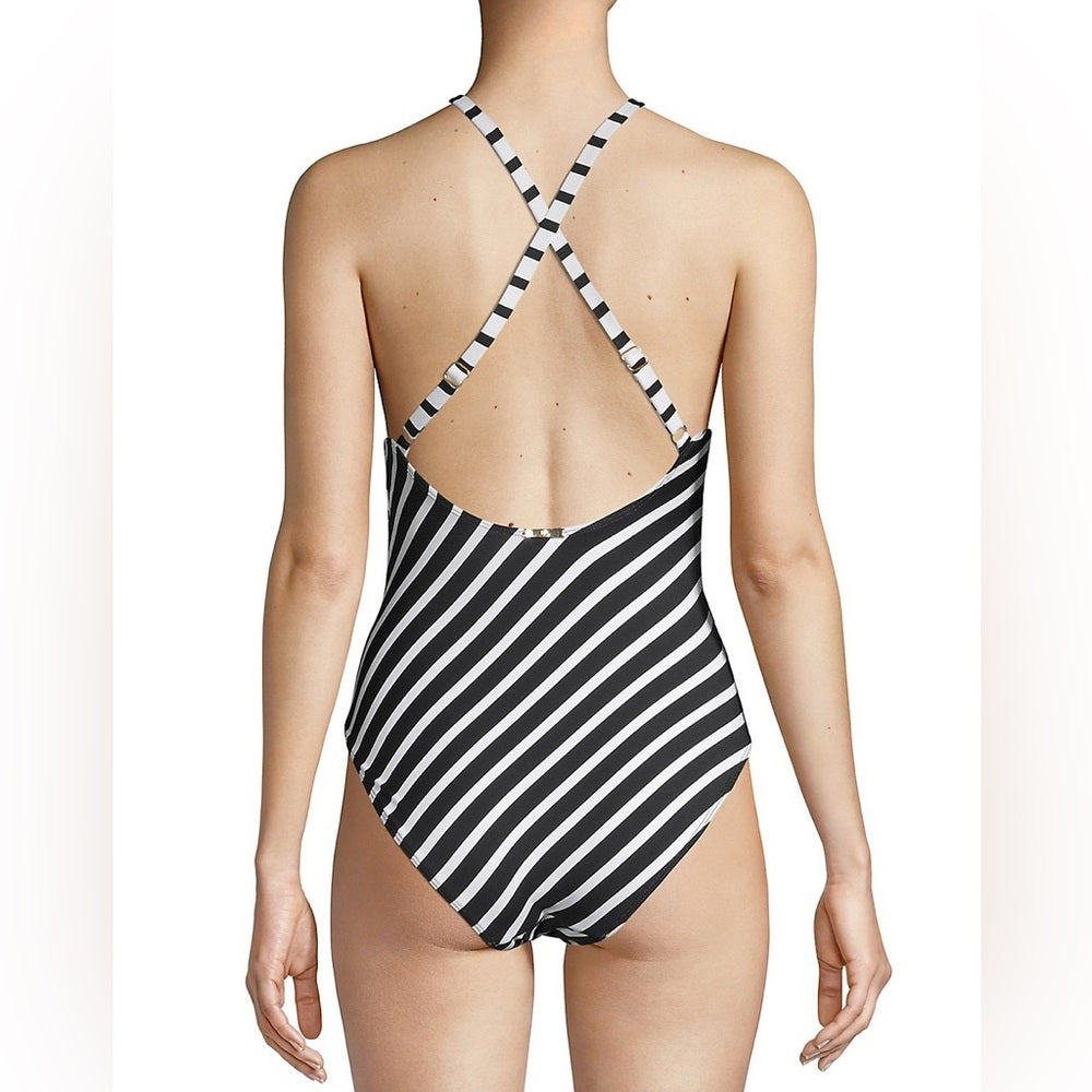 Lauren Ralph Lauren High Neck Stripe Swimsuit, size Approx Small