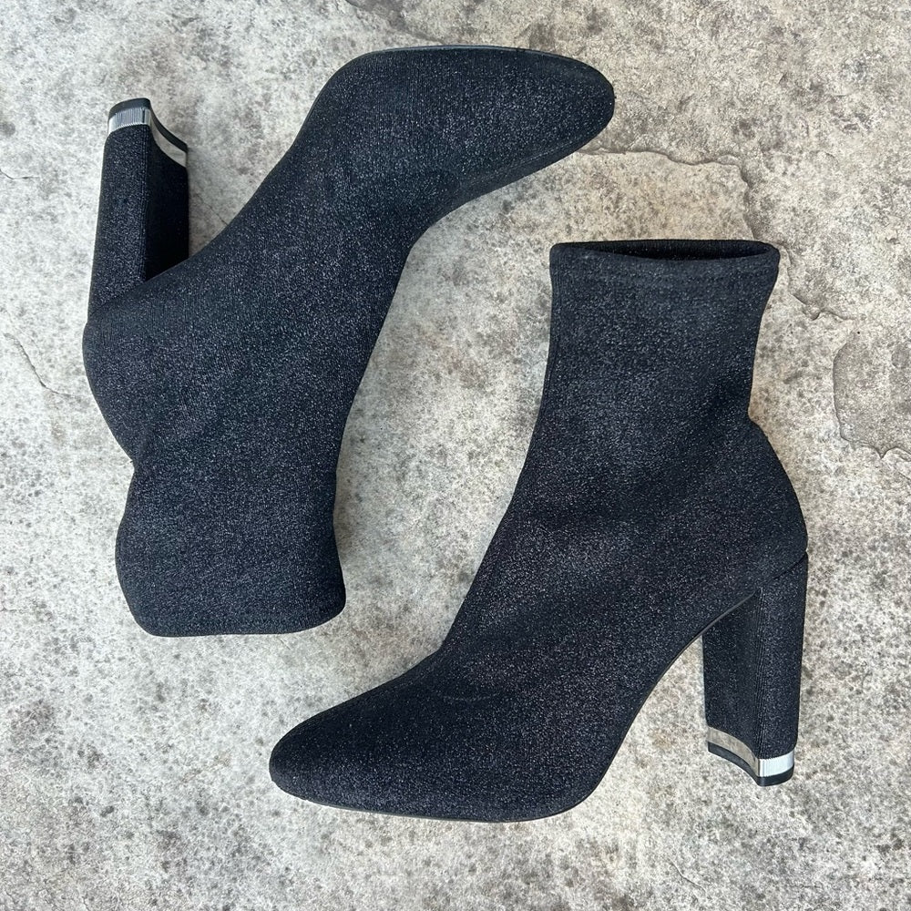 Michael Michael Kors Mandy Black Glitter Stretch-Knit Ankle Boot, size 10