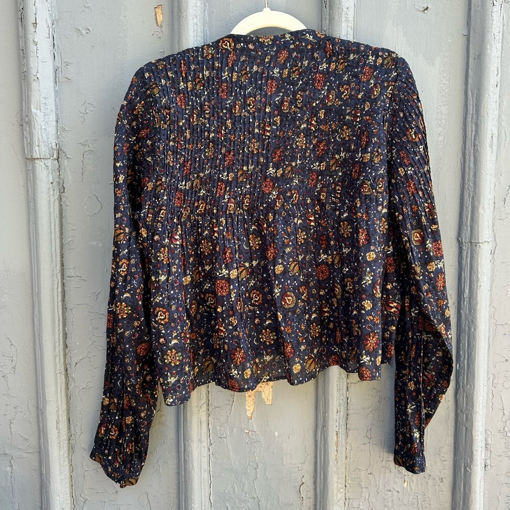 Veronica Beard Navy Floral Smocked Sherwood Blouse, Size 8