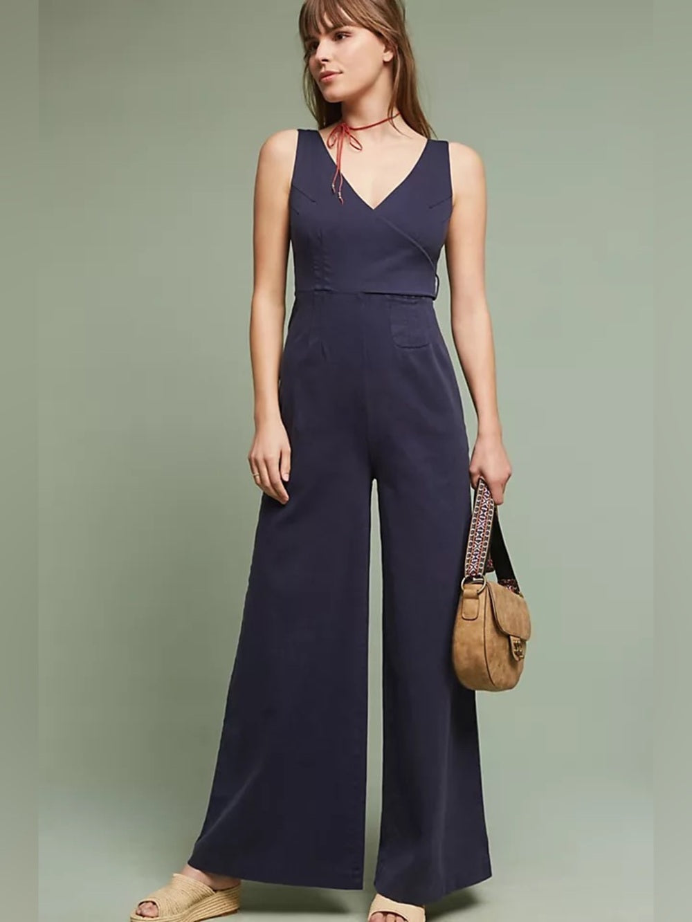 Chino by Anthropologie Navy Boho Wrap Front Wide Leg Jumpsuit, Size 14