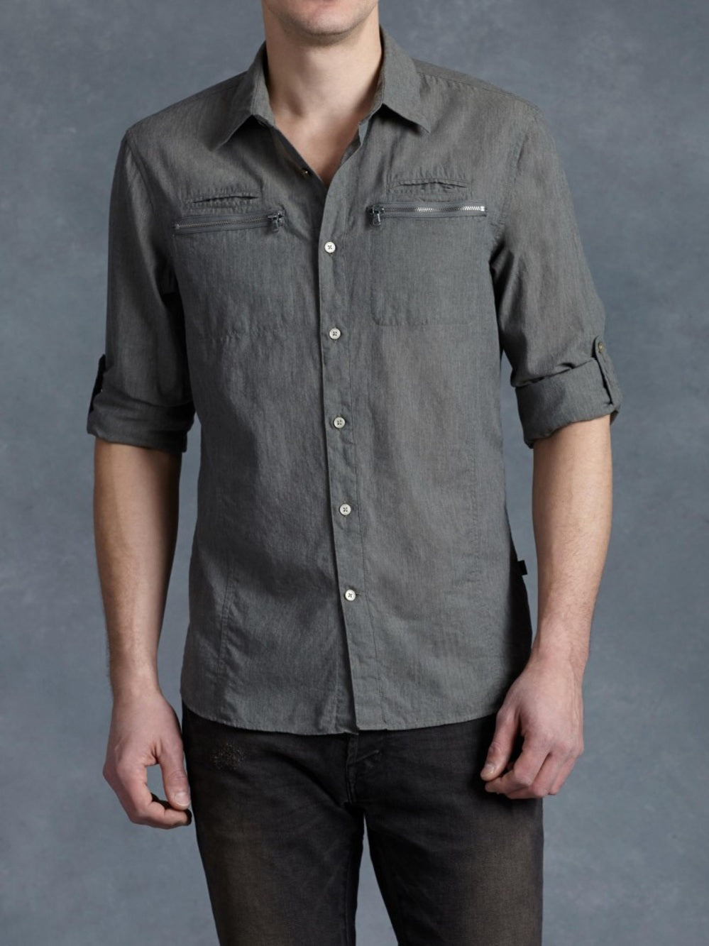 John Varvatos Blue Double Zip Chest Pocket Button-Down Shirt, size XXL