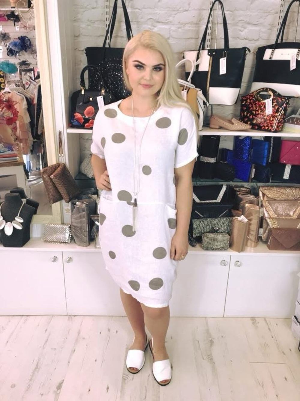 Made in Italy Linen Polka Dot Midi Dress, Approx S/M
