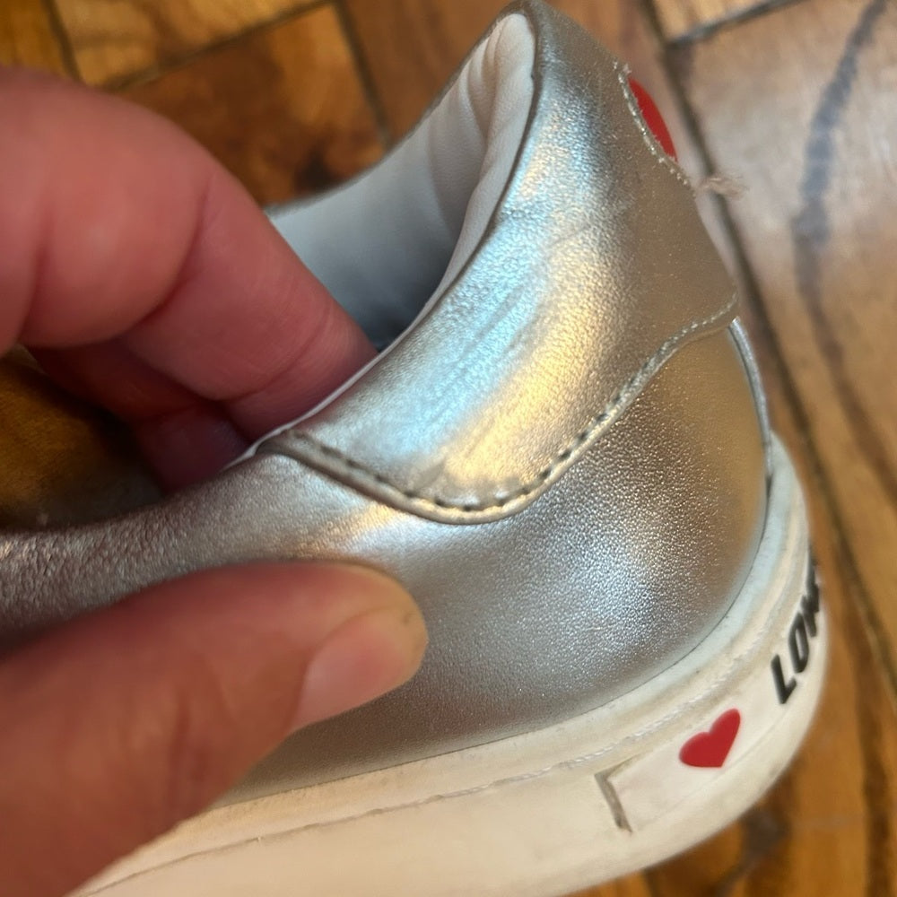 LOVE MOSCHINO Heart Encrusted Silver Leather Sneakers, size 38 (US 7.5)