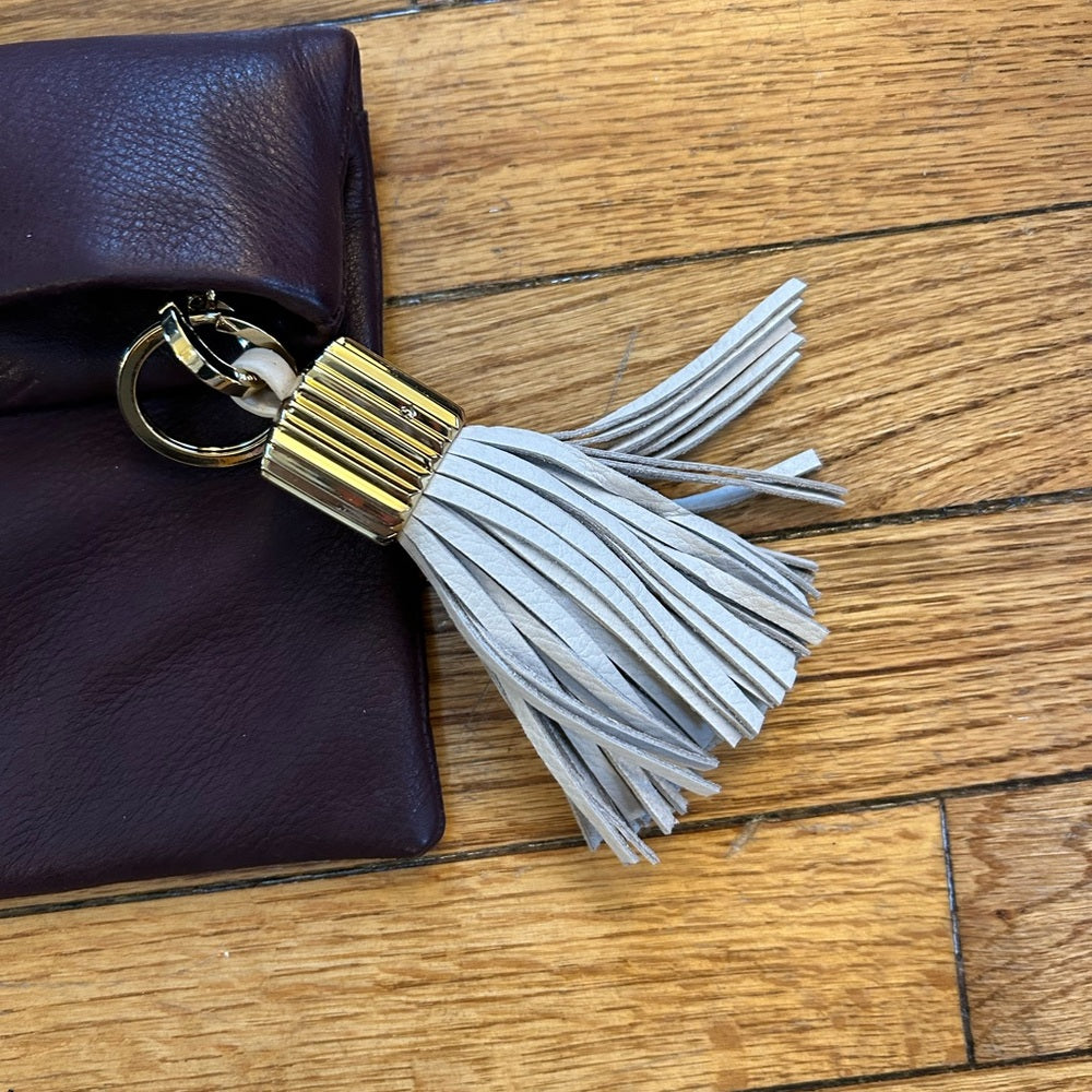 India Hicks Leather Tassled Carmen Clutch, Wine, 9.5" x  12 "