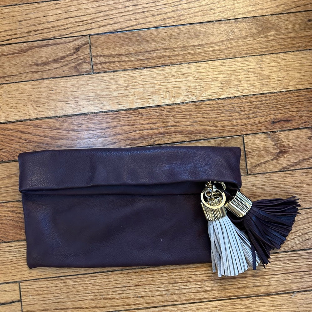 India Hicks Leather Tassled Carmen Clutch, Wine, 9.5" x  12 "