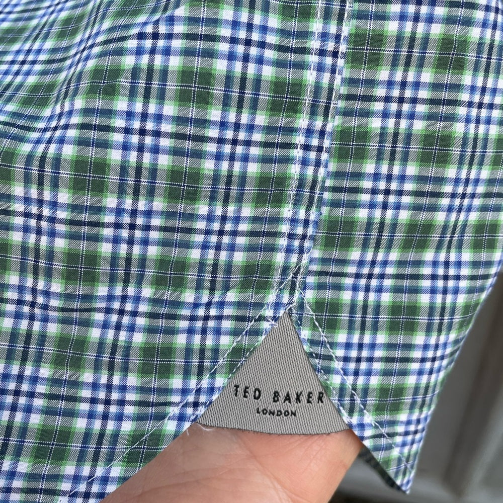 Ted Baker blue/ green plaid “catton” Buttondown, size Ted 3 (M)