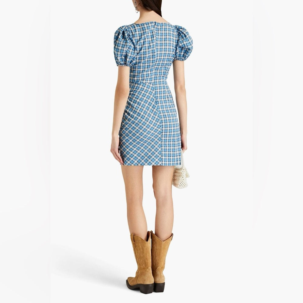 GANNI Gathered checked seersucker mini dress, size 34 (XS)