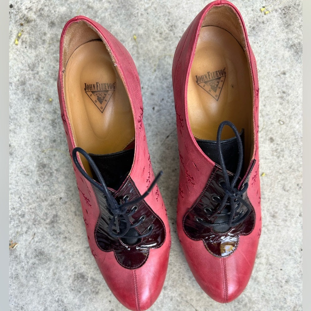 John Fluevog Red Look Out Fascination lace up leather heel, BNWOB, size 9