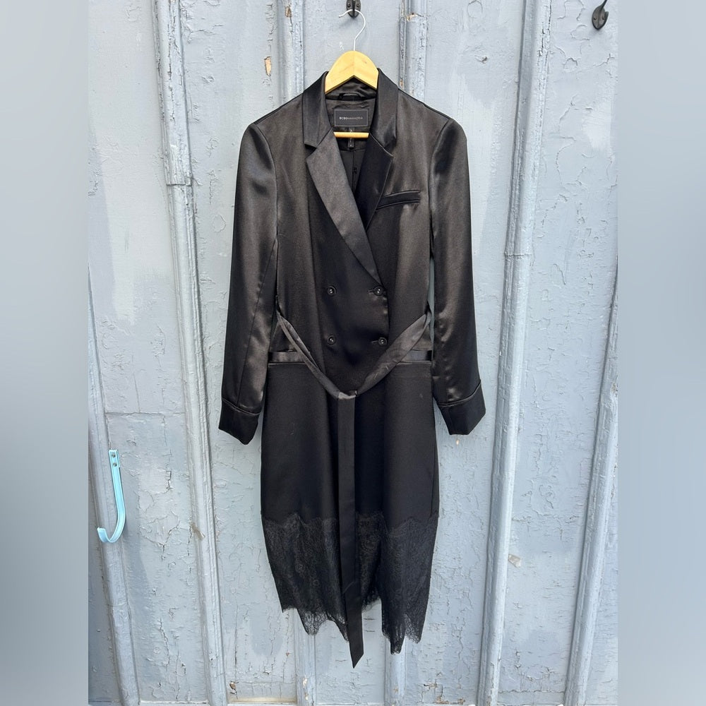 BCBGMaxAzria Lace-Trim Satin Trench Coat, BNWT, size Small