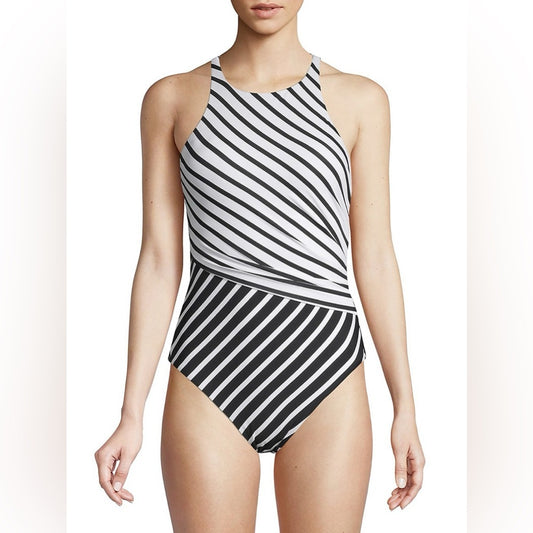 Lauren Ralph Lauren High Neck Stripe Swimsuit, size Approx Small