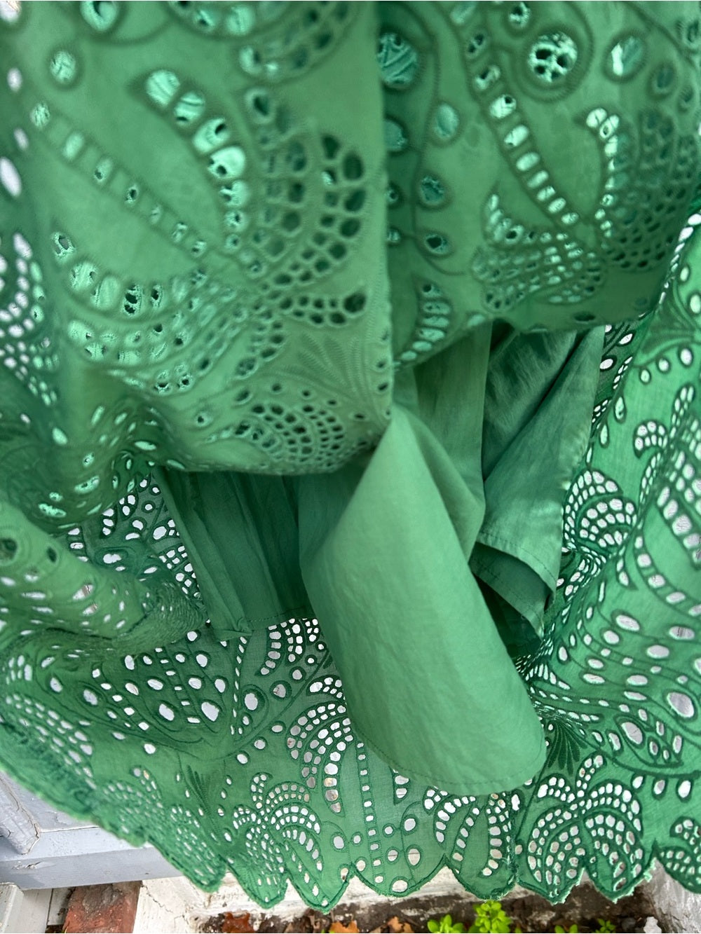 Farm Rio Green Coconut Tree Richilieu Cutwork Strapless Midi Dress, Medium