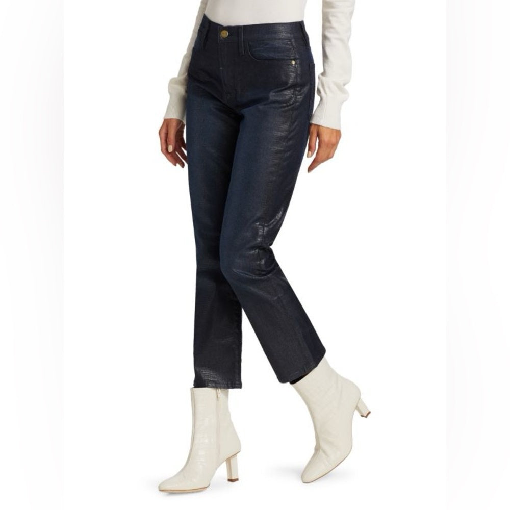 Frame Le Straight High Coated Snakeskin Jeans, size 30