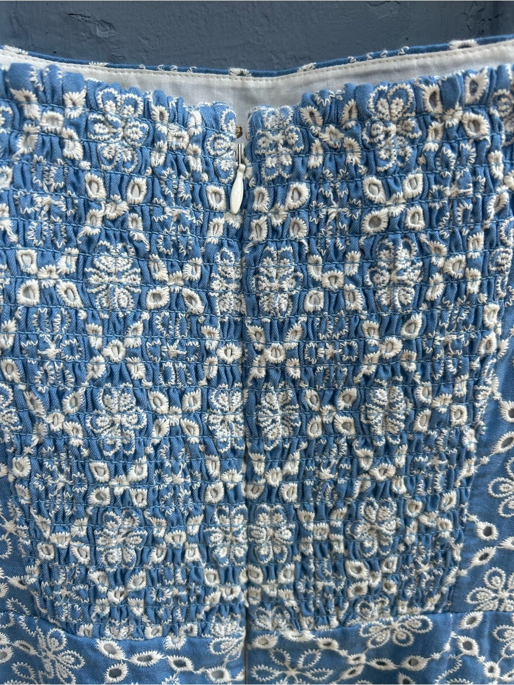 Sezane Dorotha Dress, Chambray Blue with Broderie Anglaise, size 46 (US 14)