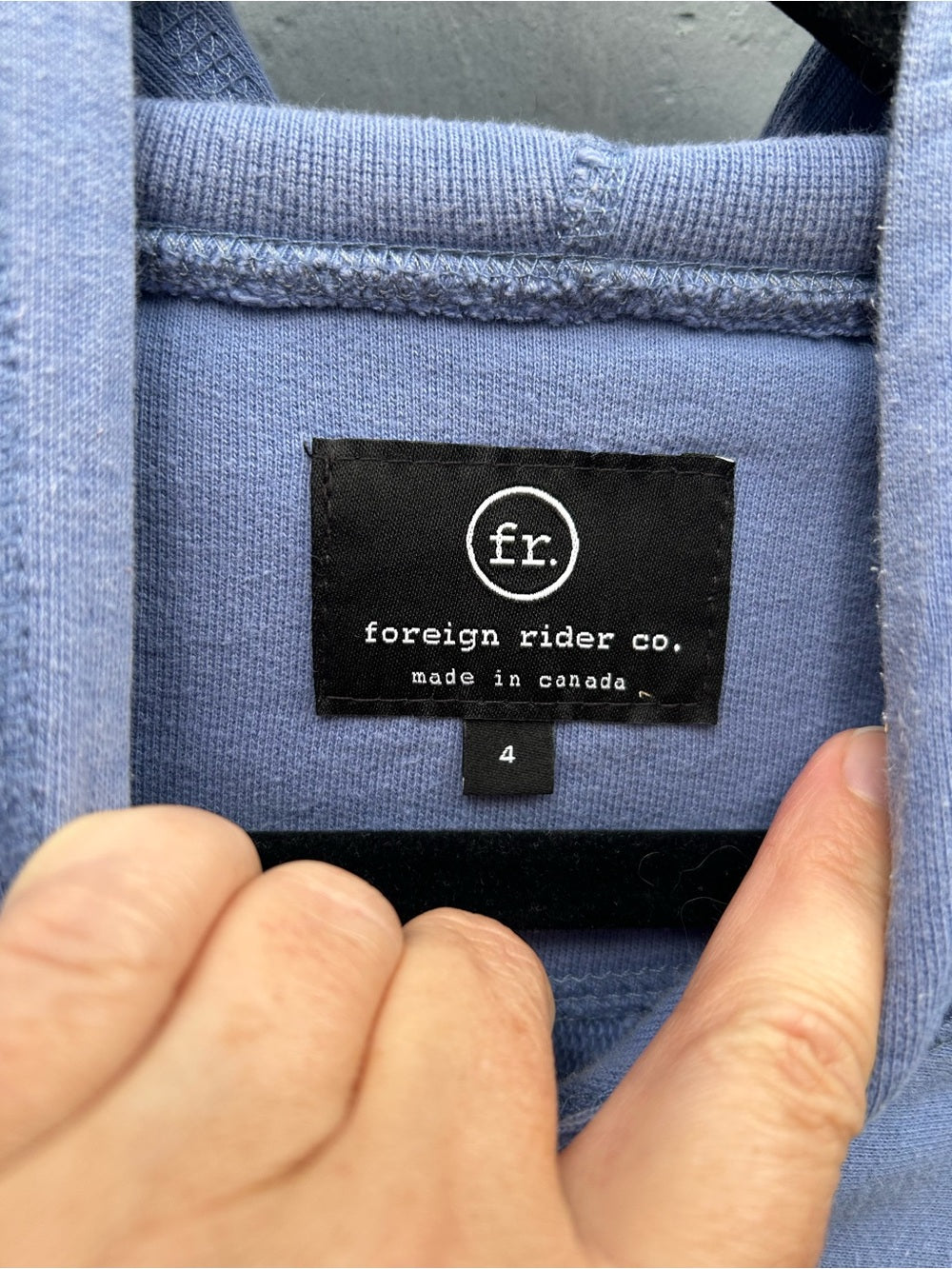 Foreign Rider Co Blue logo hoodie, size “4” (Large)
