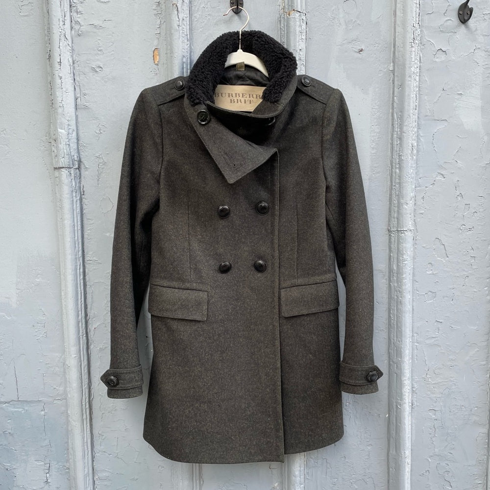 Burberry Brit Olive Green Wool Pea Coat, size 4