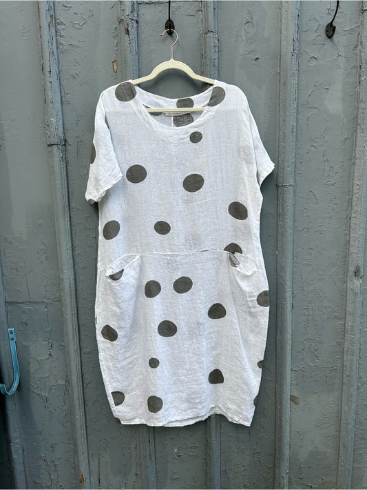 Made in Italy Linen Polka Dot Midi Dress, Approx S/M