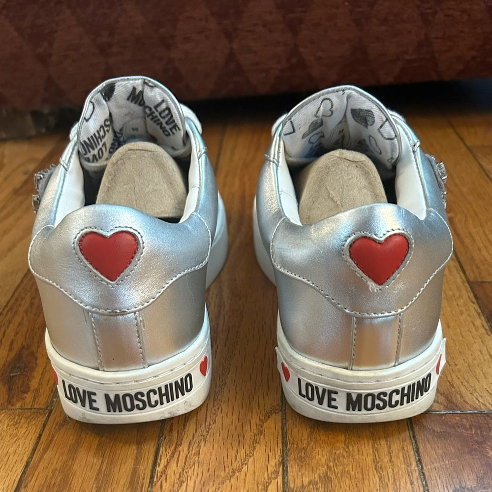 LOVE MOSCHINO Heart Encrusted Silver Leather Sneakers, size 38 (US 7.5)