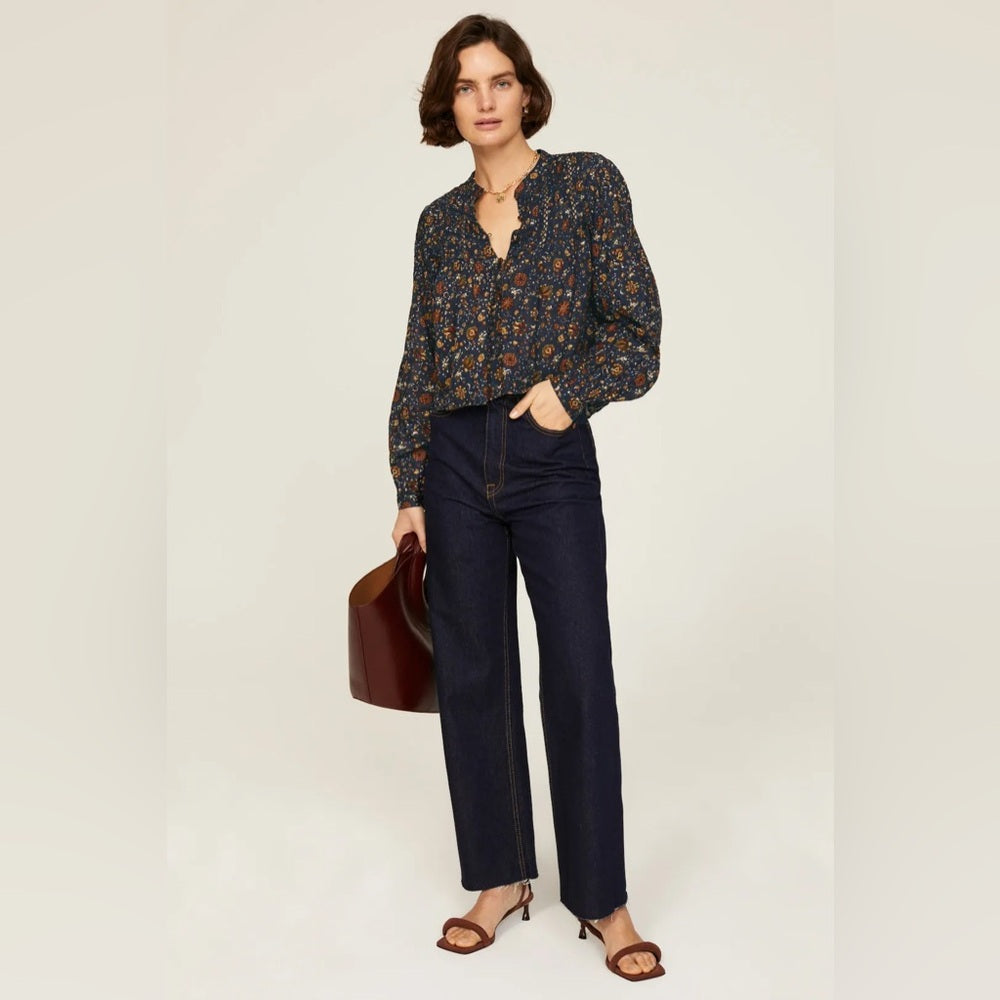 Veronica Beard Navy Floral Smocked Sherwood Blouse, Size 8