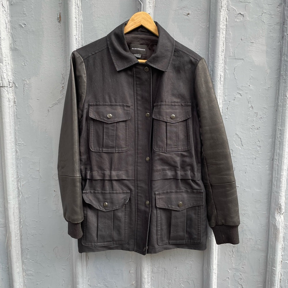 Club Monaco Black leather sleeve utility jacket, size M