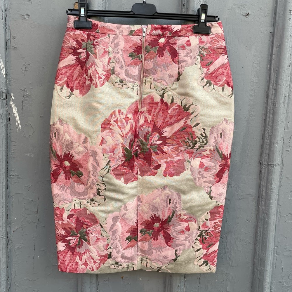 Pink Tartan Floral Metallic Brocade skirt, size 4